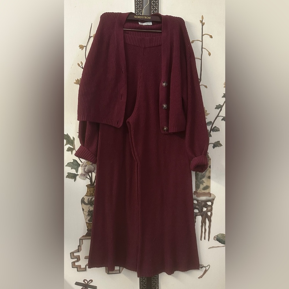 Anthropologie Burgundy Sweater Cardigan and Pant Set